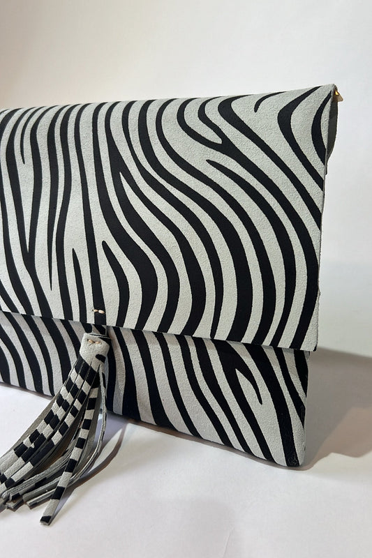 borsa zebrata scamosciata a mano pelle