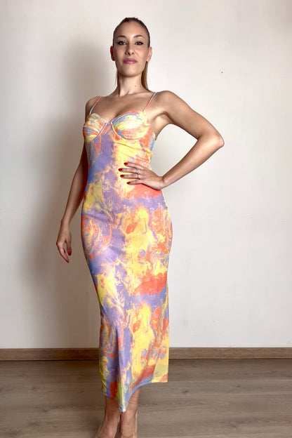 dress vestito fantasia lilla giallo pesca arancione longuette
