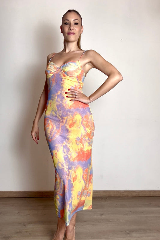 dress vestito fantasia lilla giallo pesca arancione longuette