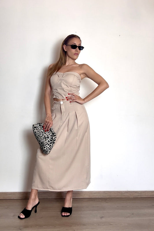 completo set coordinato color sabbia gonna top