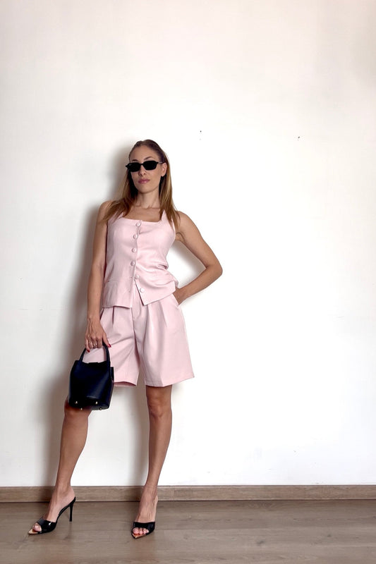 completo coordinato rosa gilet pantaloncino elegante